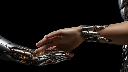 Close up of female and male robot hands touching each other on black backgroundの素材