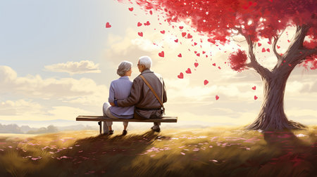 Elderly couple sitting on a bench in the park with heartsの素材