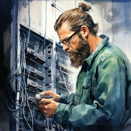 Digital painting of a technician repairing a server in a datacenterの素材