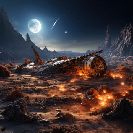 Fantasy alien planet. Mountain and ship. 3D illustration.の素材