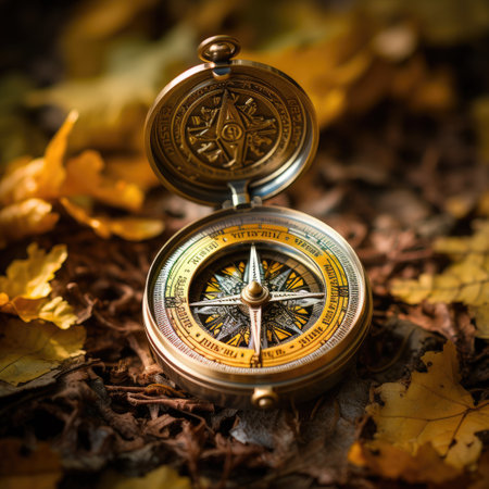 Compass on autumn leaves background. Vintage style toned picture.の素材