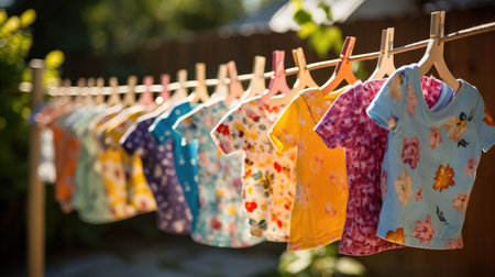 Colorful baby clothes hanging on a clothesline in the garden.の素材