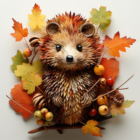 Hedgehog with autumn leaves and acorns on a white backgroundの素材