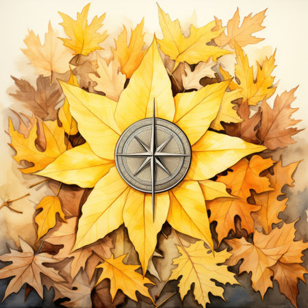 Autumn background with leaves and compass. Photo in old color image style.の素材