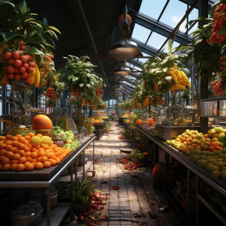 Fruit shop with fruits and vegetables, 3d render illustration.の素材