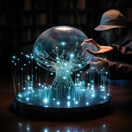 A man in a cap and a baseball cap holds a hologram of the planet Earth in his hands on a dark background.の素材