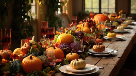 Autumn table setting with pumpkins, grapes, apples and wineの素材