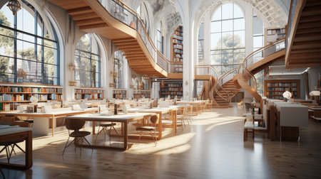 Interior of a modern library with wooden staircases and bookshelf. 3d renderingの素材