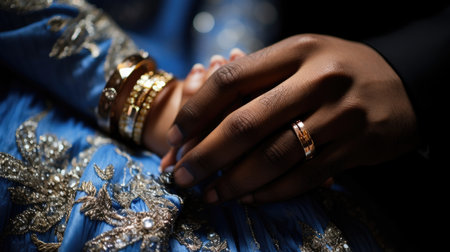 Close-up of bride and groom hands in indian wedding dressの素材