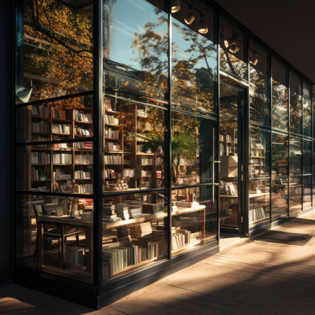 Bookstore interior with books. Bookshelf with books in front of the window.の素材