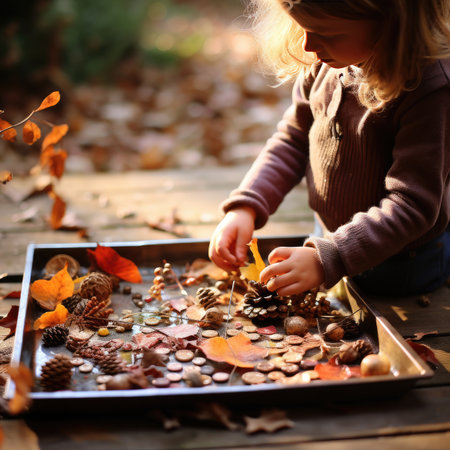 Adorable little girl having fun in autumn park. Cute child playing with autumn leaves and cones. Autumn activities for kids.の素材