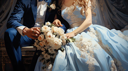 Wedding day. Bride and groom in a blue wedding dress with a bouquet of flowersの素材