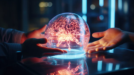 Close up of human hands holding crystal ball with human brain on dark backgroundの素材