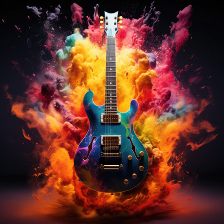Electric guitar in fire flames on black background. 3d illustration.の素材