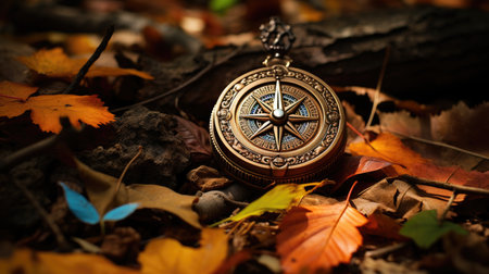 Compass in the autumn forest. Compass on the background of autumn leaves.の素材