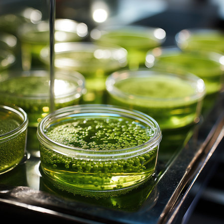 Laboratory glassware with green liquids on the table in the scientific laboratoryの素材