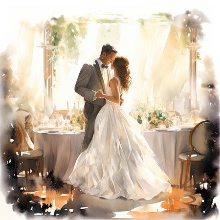 Beautiful bride and groom in restaurant. Digital watercolor painting.の素材