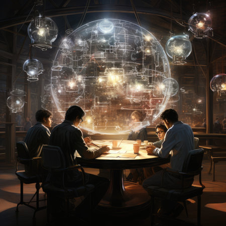 Business people having a meeting in a night club with a globe in the foregroundの素材