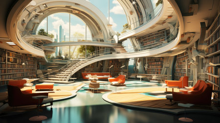 Modern library interior. 3d rendering mock up toned image.の素材