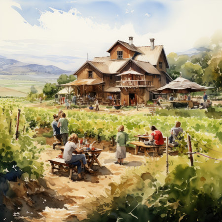 Watercolor painting of a wine tasting in a vineyard in Italyの素材