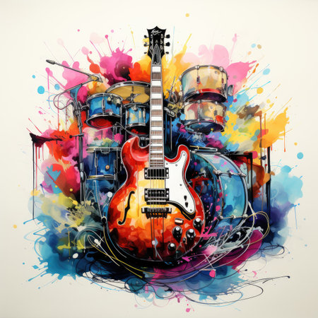 Guitar and drum set on colorful watercolor background. Vector illustration.の素材