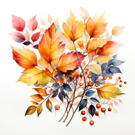 Watercolor autumn bouquet with colorful leaves and berries on white backgroundの素材