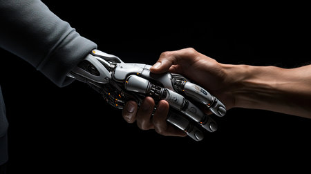 Close up view of human and robot hands holding each other on black backgroundの素材