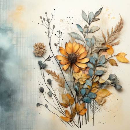 Autumn bouquet of dried flowers, leaves and herbs on grunge backgroundの素材