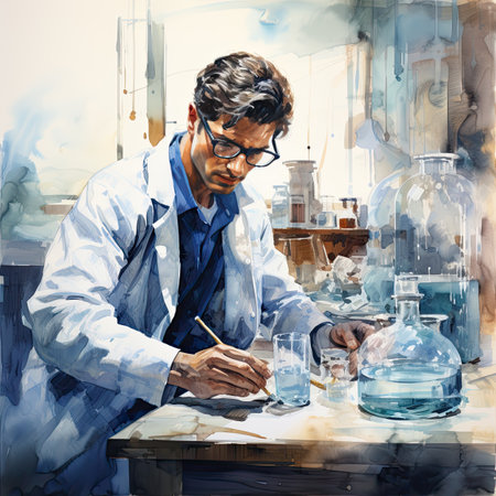 Watercolor illustration of a male scientist working in a laboratory. Science, chemistry, biology, medicine.の素材