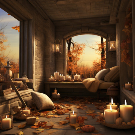 3D render of a beautiful autumn scene with candles and wicker furnitureの素材