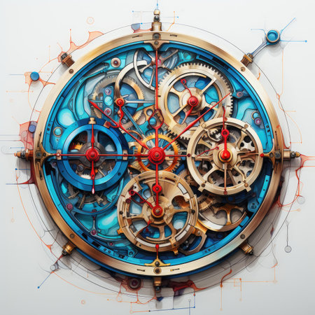 Retro clock mechanism with gears and cogwheels. 3D renderingの素材