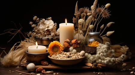 Spa still life with candles and dried flowers on a wooden backgroundの素材