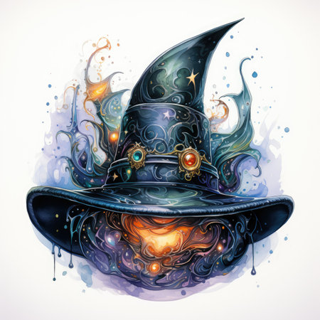 Halloween witch hat with magic fire and smoke. Vector illustration.の素材