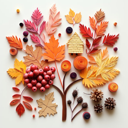 Autumn composition with colorful leaves and berries on white background. Flat lay, top viewの素材