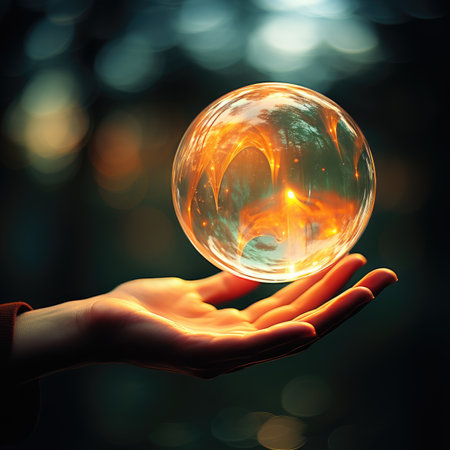 Crystal ball in human hand on bokeh background. 3d renderingの素材