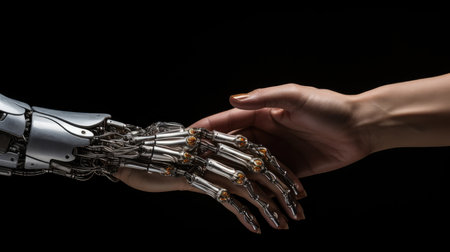 Close-up of robot hand touching human hand isolated on black backgroundの素材