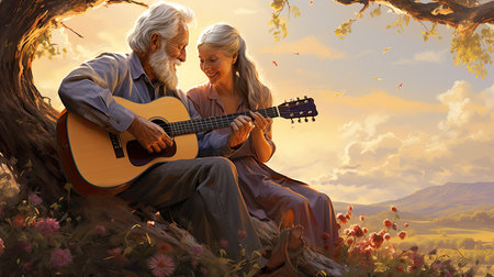 Senior couple playing guitar in the meadow at sunset - 3D renderの素材