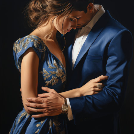 Portrait of a beautiful couple in a blue suit on a black backgroundの素材