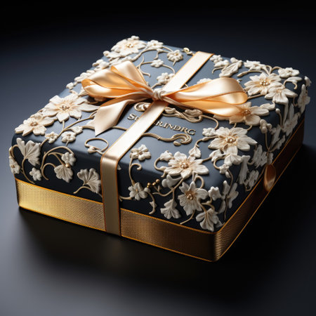 Gift box with gold bow on black background. 3d renderingの素材