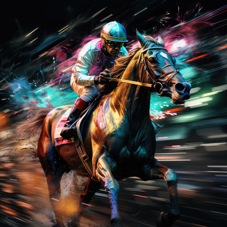 Jockey riding a horse in the race. Colorful background.の素材