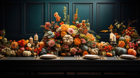 Autumn table setting with pumpkins, berries, candles and autumn leaves in front of a blue wallの素材