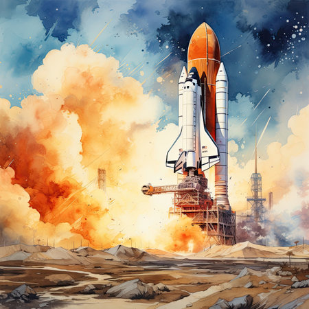 Space rocket in the sky. Digital watercolor painting. Illustration.の素材