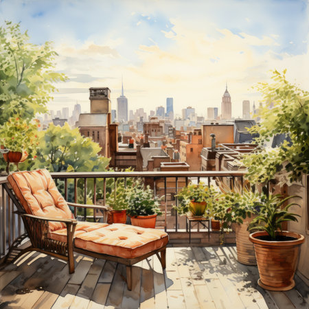 Beautiful view of New York City Manhattan from a terrace.の素材