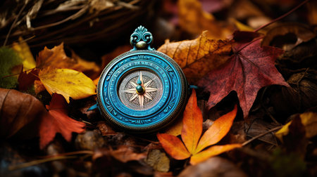 Compass on autumn leaves background. Vintage style toned picture.の素材