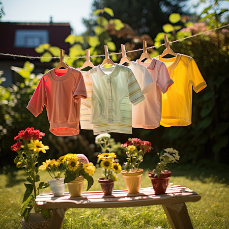 Baby clothes hanging on a clothesline with flowers in the background.の素材