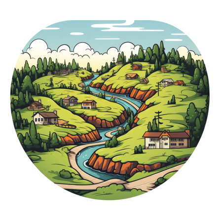 Cartoon landscape with a river and a village. Vector illustration.の素材