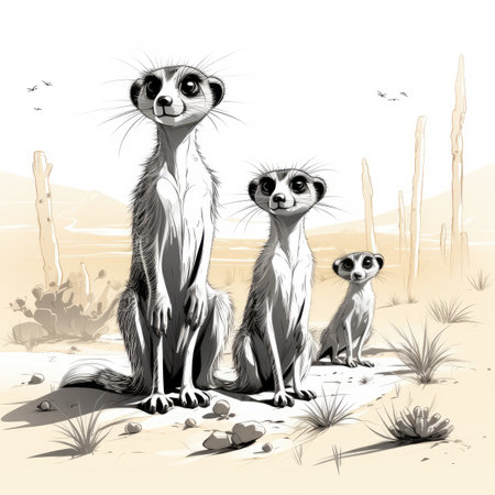 Three meerkats standing in the desert. Hand drawn vector illustration.の素材