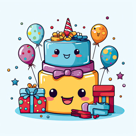 Cute face cartoon with gift box and balloons vector illustration graphic designの素材