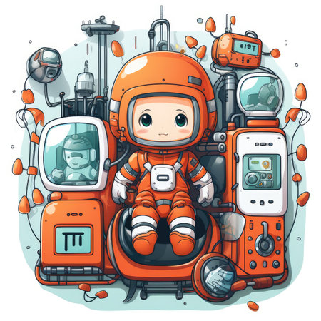 Cute cartoon astronaut sitting in a space suit.の素材