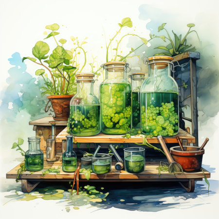 Watercolor illustration of a set of glass bottles with green grapes on a shelf.の素材